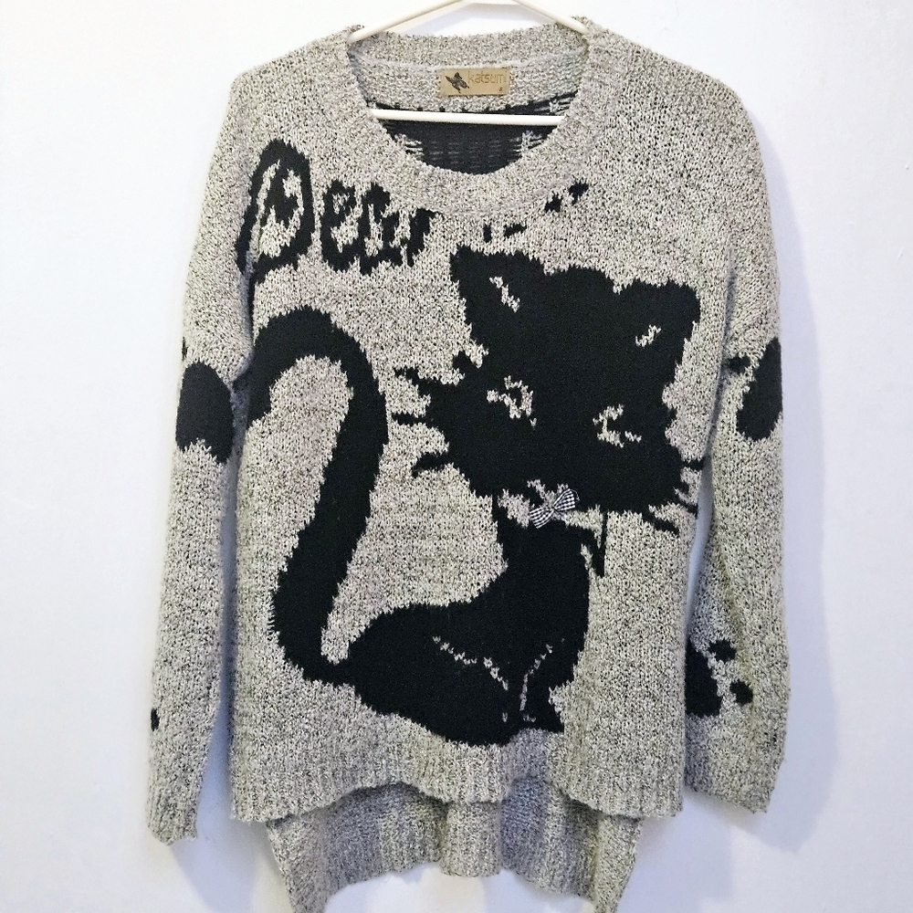 Katsumi Small Oversized Cozy Kitten Heart  Graphic Boho Pullover Sweater